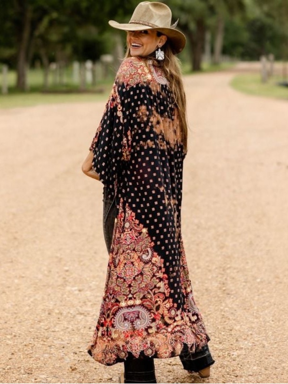 Angie Bohemian Black & Rust Floral Maxi Duster